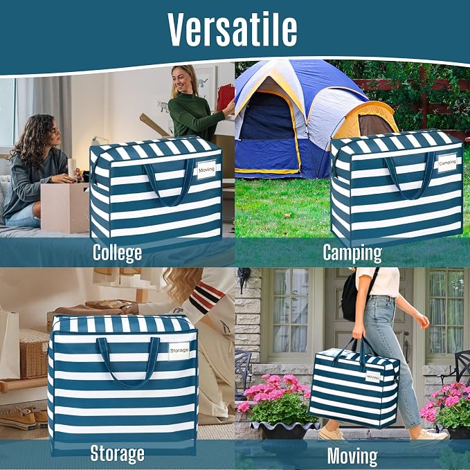 VENO 4 Pack Heavy Duty Moving Bags, Storage Bags, Packing Supplies, Top Zipper, Storage Totes for Camping, Clothes, Bedding, Comforters, Pillows (13 Gallon, Classic Navy Stripe, 4 Pack)