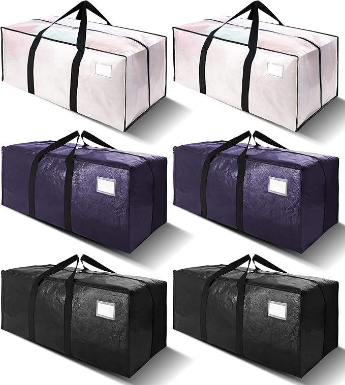 6 Pack Heavy Duty Extra Large Moving Bags W/Backpack Straps - Strong Handles & Zippers, Storage Totes For Space Saving, Fold Flat, Alternative to Box and Bin (40 gal, Semi-Transparent+Blue+Black)