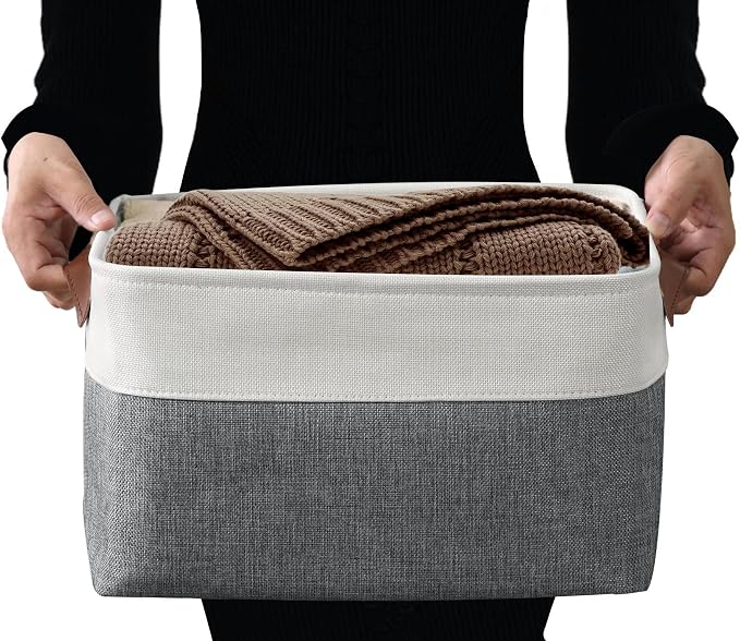 DECOMOMO Storage Bins, Large Fabric Storage Baskets for Shelves, Decorative Linen Closet Organizer, 15 x 11 x 9.5 inches (Slate Grey & White, 3 Pack)