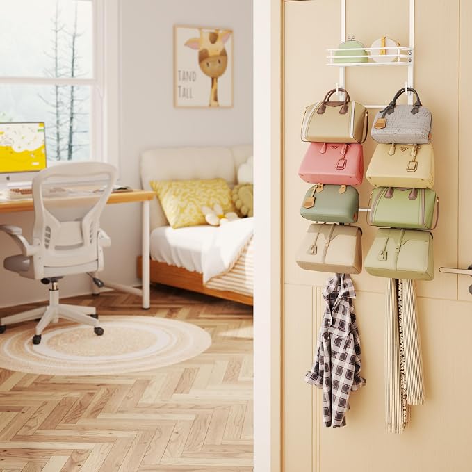 HapiRm Over the Door Purse Organizer - Wall Mounted Purse Rack with 10 Hooks and Metal Basket, Hanging Handbag Organizer Holds up to 10 Bags, Bag Rack Can Use As 1/2 Part, for Door, Closet (White)
