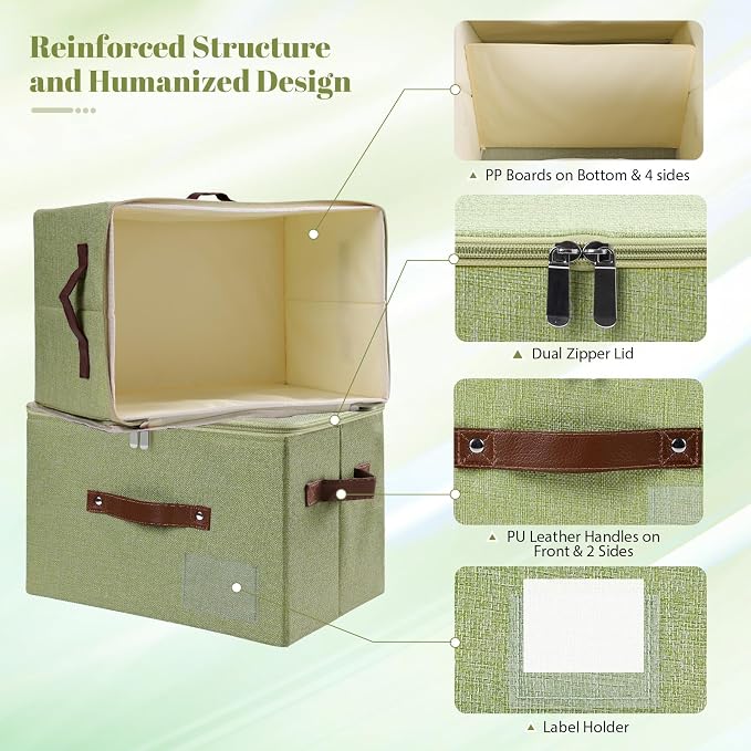 ANMINY Storage Bins with Zipper Lid Storage Boxes with Label Holder PU Leather Handles Washable Foldable Decorative Lidded Cotton Linen Fabric Cubes Baskets Closet Organizer - Green, Large
