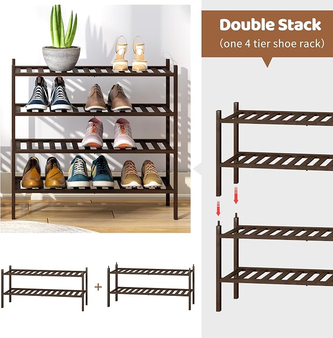 Bamboo Shoe Rack Stackable Shoe Shelf Storage Organizer for Unit Entryway Hallway and Closet Sturdy Freestanding Shoe Shelf(2 Tier Brown)