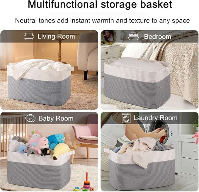OIAHOMY Extra Large Blanket Basket, 95L Cotton Rope Woven Laundry Basket, Toy Bin for Baby Room, Container for Blanket Storage in Living Room, 24''×17''×14'', Grey & White