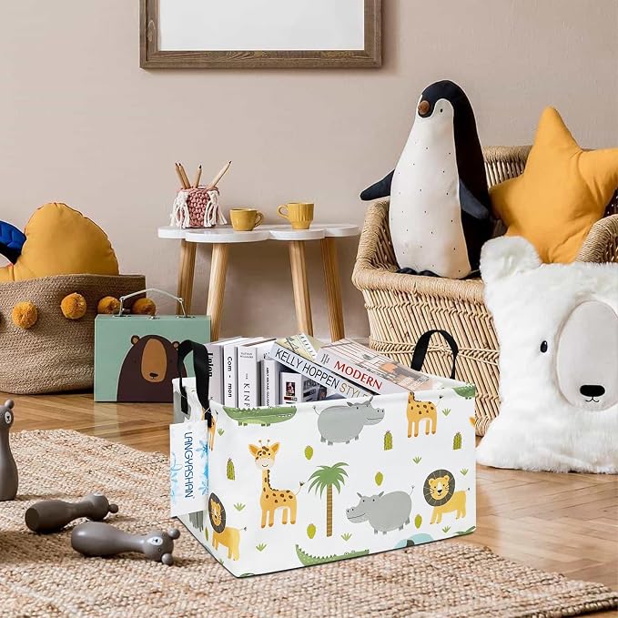Rectangular Collapsible Animal Storage Basket Nursery Organizer | Storage Bin Foldable Canvas with Handles for Organizing Home Kitchen Children Toys Office Closet Shelf Baskets