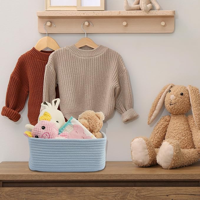 XUANGUO Small Woven Storage Baskets 12“X8”X5“ Decorative Rope Bins for Organizing Shelves, Closets, and Toys, Empty Gift Baskets, Cute Organizer Basket for Home and Office (blue, regular)