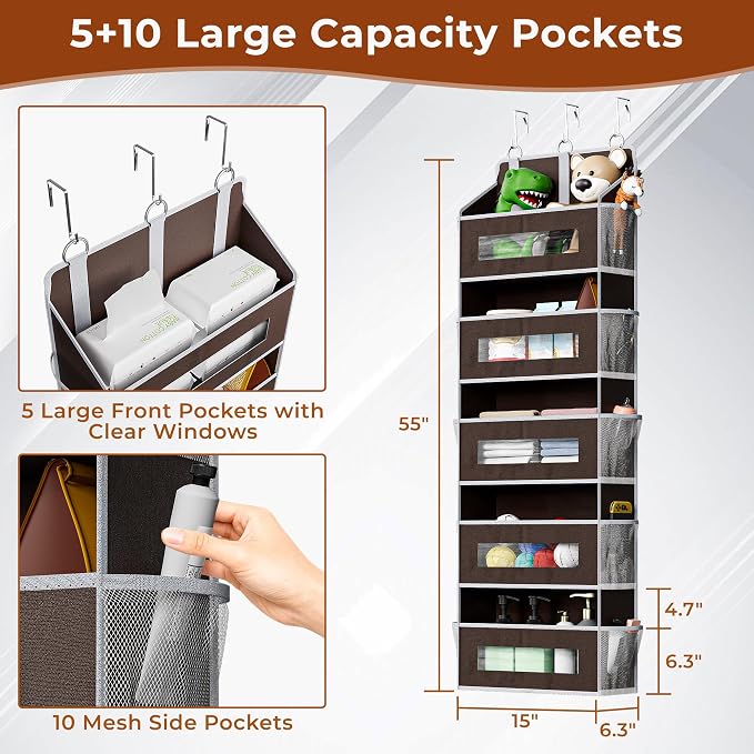 5 Tier Over The Door Organizer - Large Capacity Behind Door Hanging Shelves with 10 Mesh Pockets and Clear Windows, Closet Organizers and Storage for Bathroom, Bedroom, Nursery, Brown
