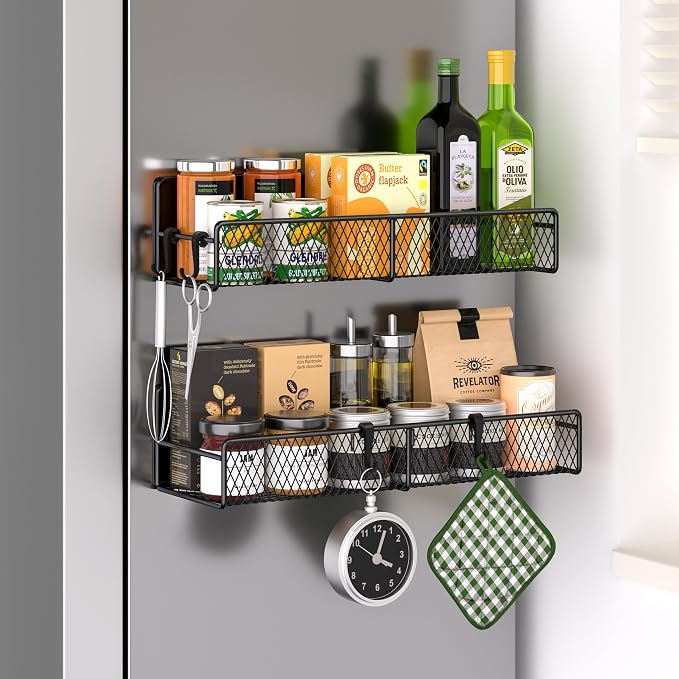 Magnetic Spice Rack for Refrigerator, 2 Pack Metal Magnetic Shelf Black, Moveable Spice Organizer with Hooks, Super Magnetic Fridge Shelf for Kitchen Organization and Storage