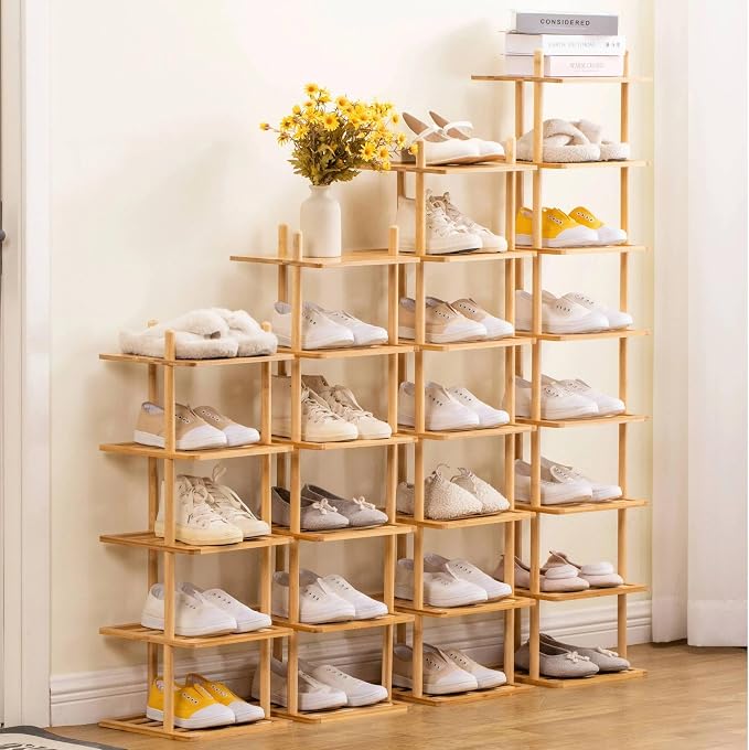 6-Tier Vertical Shoe Rack - Tall Narrow Shoe Rack Organizer for Small Spaces,Bamboo Shoen Shelf for Entryway,Closet,Corner,Doorway,Skinny Shoe Shelf Space Saving Shoe Storage (Natural, 6-Tier)