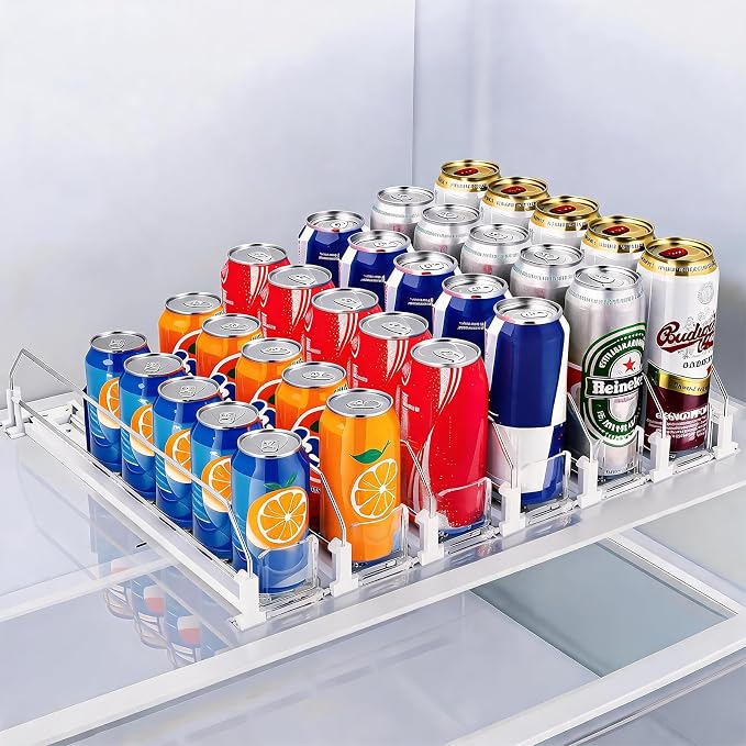 HIYOHIYO 6 Row Automatic Soda Can Organizer for Refrigerator, Depth 15" | Auto Push, Adjustable Width, Automatic Pushing Drink Dispenser for Fridge, Spring Loaded Can Pusher Holds up to 30 Cans
