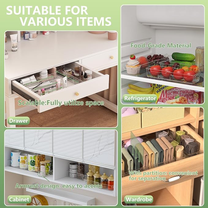 BLULEE 4-in-1 Expandable Drawer Organizer Set, Adjustable Clear Bins | with Dividers for Kitchen, Bathroom, Vanity & Office, Scalable Trays for Cosmetics, Utensils & Desk Accessories (8 Pcs)
