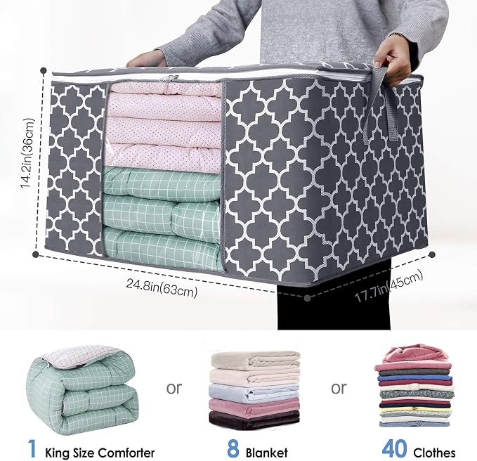 WISELIFE Storage Bags, Large Blanket Clothes Organization and Storage Containers for Bedding, Comforters, Foldable Organizer with Reinforced Handle, Clear Window,Sturdy Zippers,(Grey, 8 x 100L)
