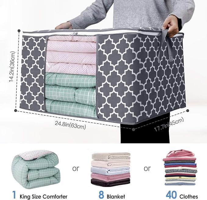 WISELIFE Storage Bags, Large Blanket Clothes Organization and Storage Containers for Bedding, Comforters, Foldable Organizer with Reinforced Handle, Clear Window,Sturdy Zippers,(Grey, 2 x 100L)