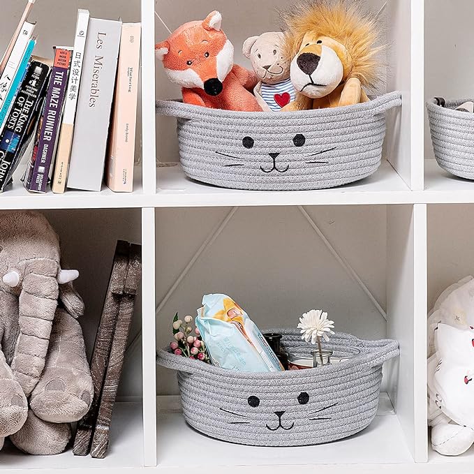 Small Woven Rope Storage Basket, Cute Cat Toy Basket for Living Room, Baby Baskets for Nursery, Gift Baskets Empty for Baby Shower, Grey, 9.8 x 4 inches