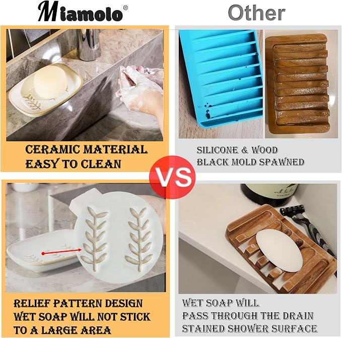 Miamolo Soap Dish Bar Cleaner Dish for Shower, Ceramic Soap Dishes for Large Soap Bar Shampoo or Sponge, Shower Soap Dish Soap Saver Tray for Bathroom Kitchen Sink, Easy to Clean
