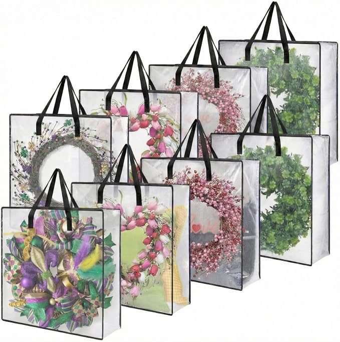 8 Pcs Clear Wreath Storage Bags 26 Inch Garland Container Door Garland Holiday Wreath Storage Holder with Handle and Zipper Heavy Duty Plastic Packing Totes(Black)
