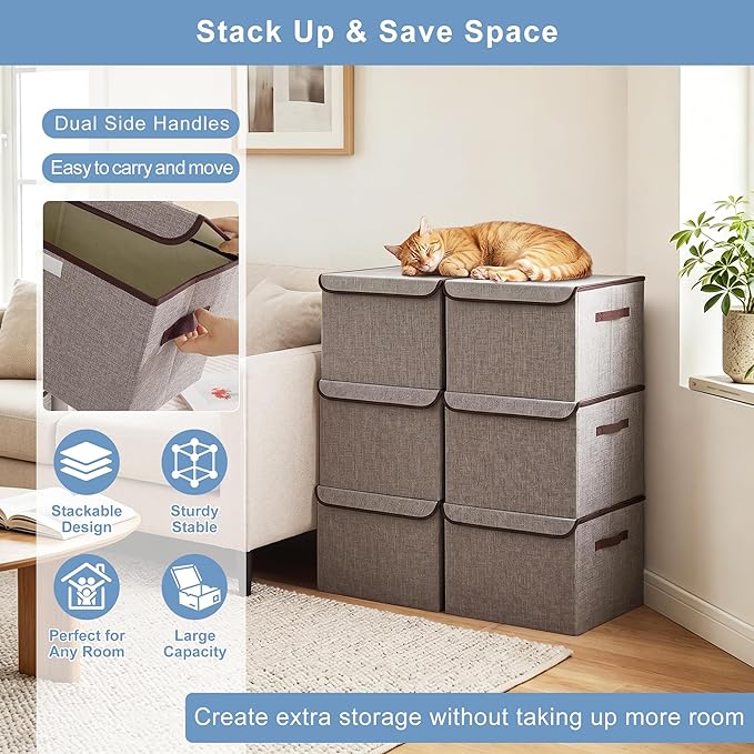 Bagnizer Large 22 Quart Linen Fabric Foldable Storage Bin Cube Organizer Basket with Flip-Top Lid & Handles, Clothes Blanket Box for Home, Office, Closet, Gray, 4 Pack 14.6 x 9.5 x 9.5”