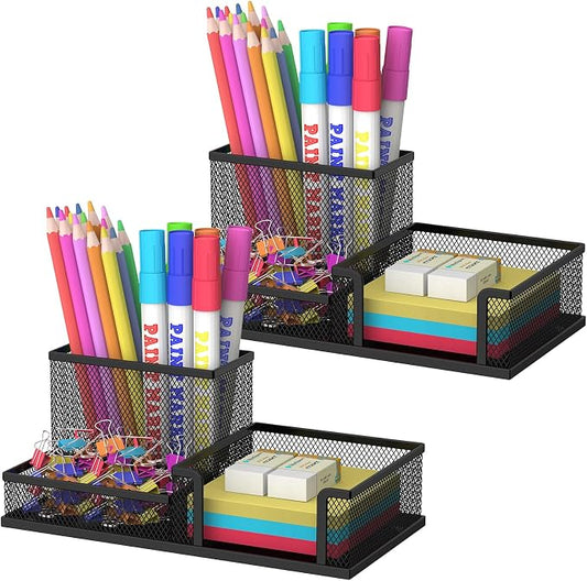 SUPEASY Pen Holder Desk Organizer, 2Pack Office Supplies Pencil Holder with 3 Compartments, Desk Accessories and Workspace Organizers for Home School Classroom, Black