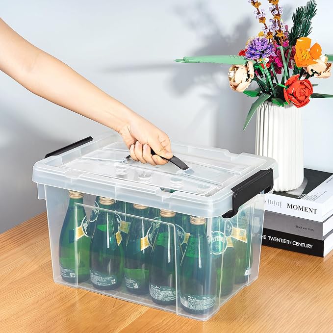 Cetomo Lidded Storage Bin with Handle, Tote Organizing Container with Durable Lid and Secure Latching Buckles, Stackable and Nestable, Plastic, 25 Quart-4 Pack, Clear