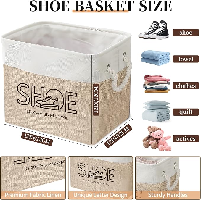 Shoe Basket Organizer, Large Capacity Fabric Entryway Shoe Storage Bin with Handle, Flodable Space-Saving Shoe Basket for Entryway, Hallway, Entryway and Mudroom