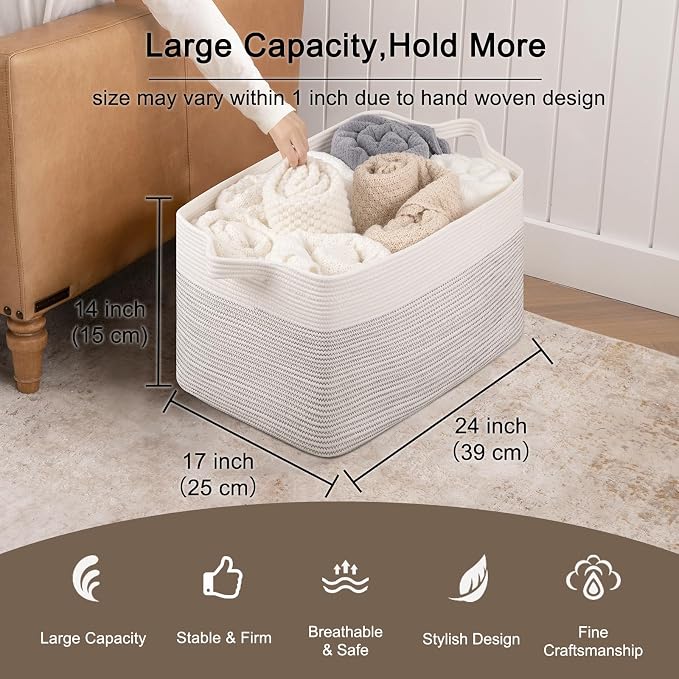 OIAHOMY Extra Large Blanket Basket, 95L Cotton Rope Woven Laundry Basket, Toy Bin for Baby Room, Container for Blanket Storage in Living Room, 24''×17''×14'', Black & White