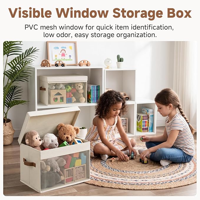 StorageWorks Fabric Storage Bins with Lids, Large Closet Storage Bins | Flip-Top Lid, Clear Window, Handles, Collapsible, for Clothes Blankets Books, Closet Box, Ivory White, 2-Pack