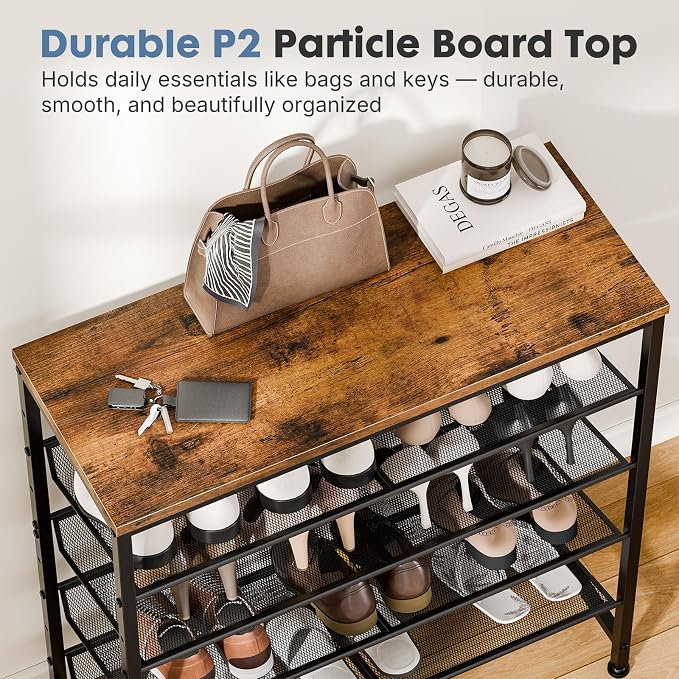DUMOS Shoe Rack for Entryway, 5-Tier Shoe Organizer with Adjustable Mesh Shelves and Wooden Top, Freestanding Storage Rack Holds 16-20 Pairs for Closet, Bedroom, Rustic Brown | Adjustable shelves lay flat or angled, metal frame with leveling feet, fits...