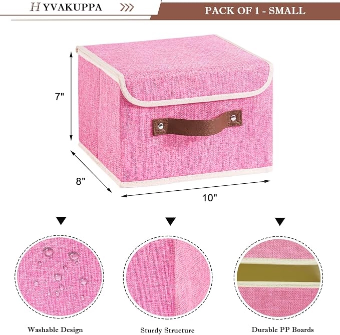 2PCS Collapsible Storage Boxes Baskets with Lid Cotton Linen Fabric Storage Bins with Faux Leather Handles Washable Cube Organizer Container for Home Closet Bedroom (Pink, Small Size)