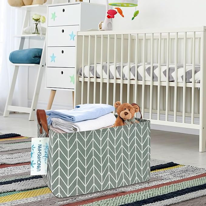 Rectangular Collapsible Grey Point Storage Basket Nursery Organizer | Storage Bin Foldable Canvas with Handles for Organizing Home Kitchen Children Toys Office Closet Shelf Baskets