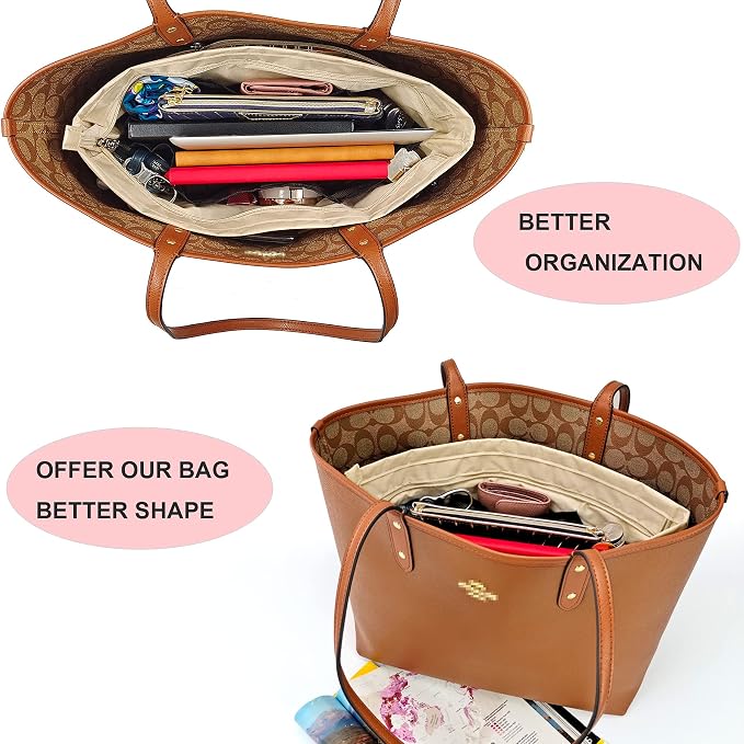 Handbag Tote Purse Organizer Insert, Medium, Beige | Bag Divider Liner Shaper Separator in Bag with Zipper, 11 Pockets Compartments
