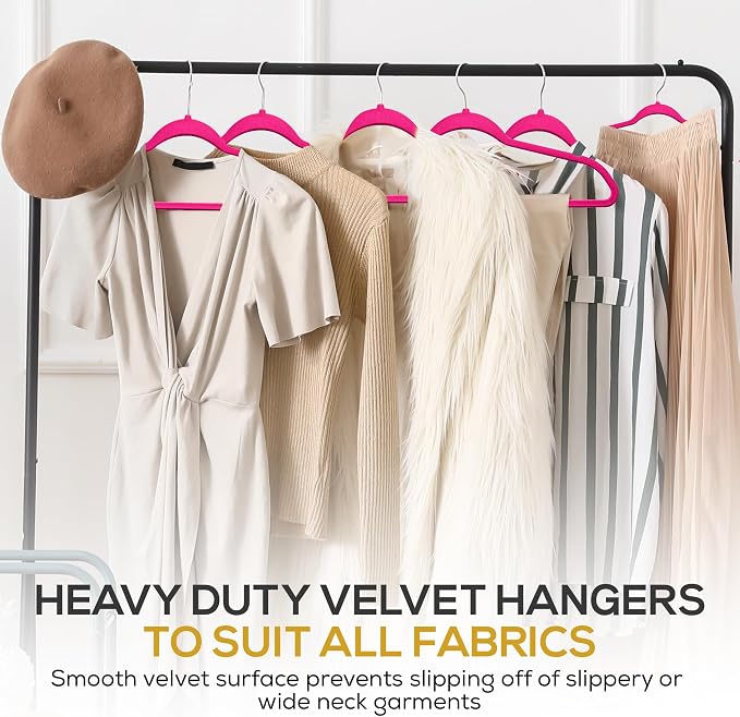 Techzoo Premium Velvet Hangers 50 Pack Ultra Thin Non Slip Adult Felt Space Saving Suit Hanger for Closet Heavy Duty Coat Pants Jackets Dress Hangers 360° Swivel Hook Hold Upto 10 lbs Dark Pink