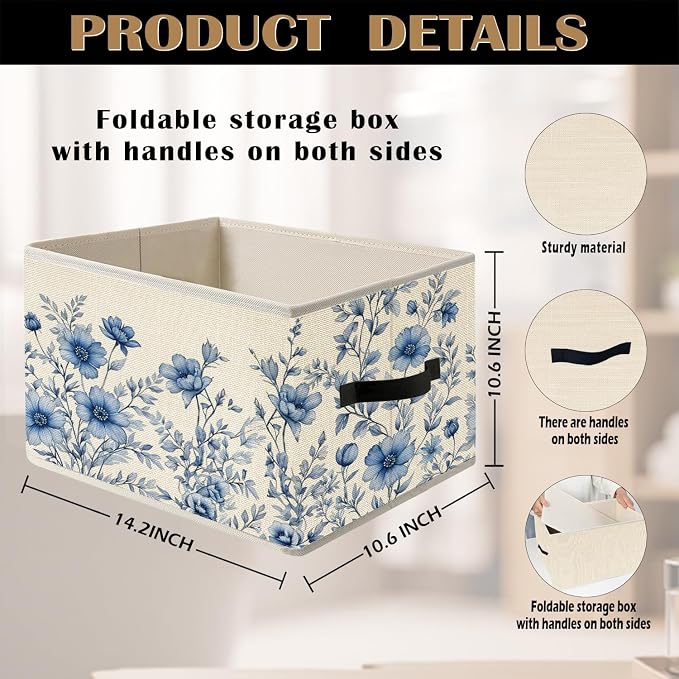 Blue and White Vintage Floral Storage Bin Box with Handles, Grandmillennial Flower Botanical Foldable Organizer Basket Toybox for Girls Dorm Bedroom Bathroom Clothes Toys Books