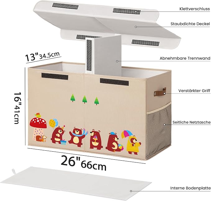 80L Large Toy Storage Box with Lid, Large Toy Box Chest for Kids, Girls and Boys, Nursery Room and Living Room, 26"x13" x16" (Dark Khaki-bear)