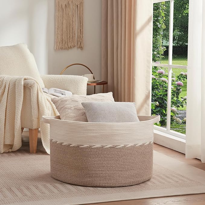 OIAHOMY 125L Extra Large Blanket Basket, 25" x 16", Jumbo Laundry Hamper, Cotton Rope Basket with Handles for Living Room,Baby Toy Storage Bins, Brown