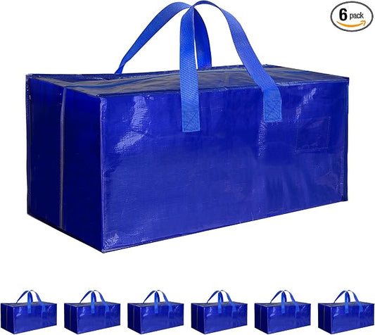 6 Pack Oversized Heavy Duty Moving Bags with Backpack Straps, Strong Handles & Zippers, Extra Large Storage Tote Moving Boxes for Space Saving, Blue