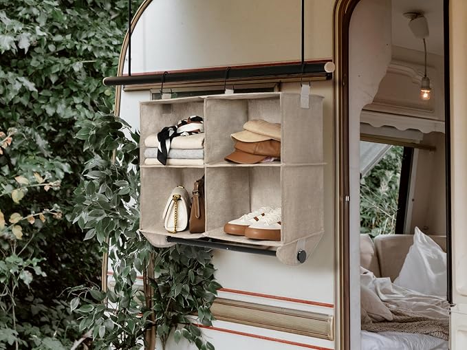 StorageWorks Hanging Closet Organizer with Metal Rod, 4-Section Closet Organizers and Storage, Collapsible Hanging Shelves for Baby Clothes, Shoes, Sweater Storage, Brown and Beige