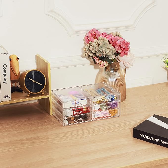 Desktop Storage drawers,Rectangular Desktop Drawers,Plastic Makeup Storage,Containers Bins With Drawers Desk Organization Pull Out Small craft Storage Case Box Cube,Pack of 1 (Clear, 6 Drawers)