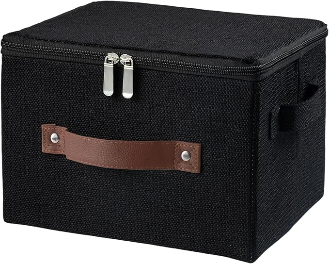 Storage Bins with Zipper Lid Foldable Fabric Lidded Storage Boxes Baskets Cubes Washable Collapsible PU Leather Handle Cotton Linen Fabric Shelf Closet Organizer Container(Black, Small Size)