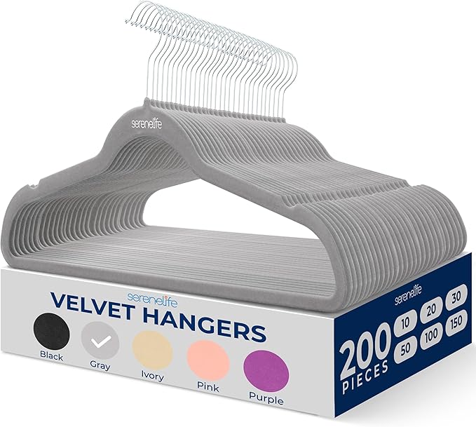 SereneLife Velvet Hangers – 200 Pack, Slim & Space Saving for Closets | Soft velvet grip prevents slipping on silk, satin & knitwear – 360° swivel hook fits all standard closet rods