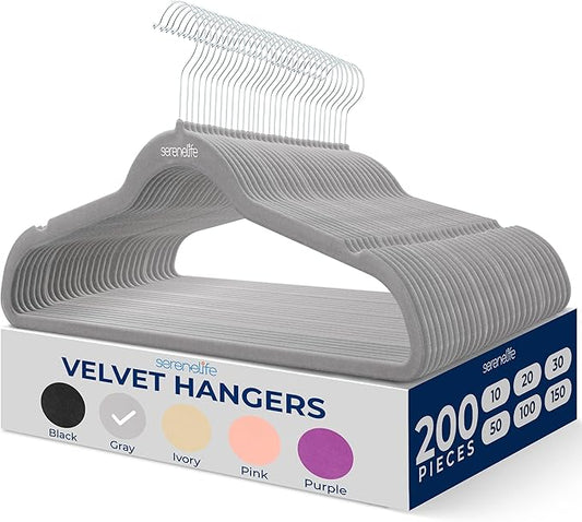 SereneLife Velvet Hangers – 200 Pack, Slim & Space Saving for Closets | Soft velvet grip prevents slipping on silk, satin & knitwear – 360° swivel hook fits all standard closet rods