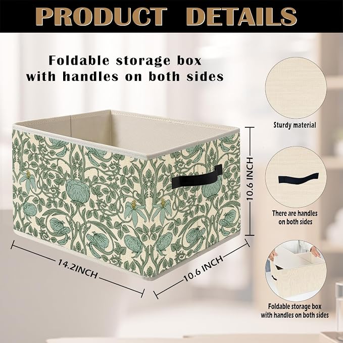 William Morris Inspired Vintage Pastel Green Floral Botanical Storage Bin Box with Handles,Green Vine Flowers Foldable Organizer Basket for Girls Room Bedroom Bathroom Clothes Books, Set of 2