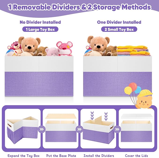 Mabahoo Large Toy Box, Collapsible Sturdy Storage Chest With Lids, Kids Toy Chest Storage Organizer Toddler Bin Boxes for Living Room, Bedroom, Nursery, 25"x13"x16", Purple & White