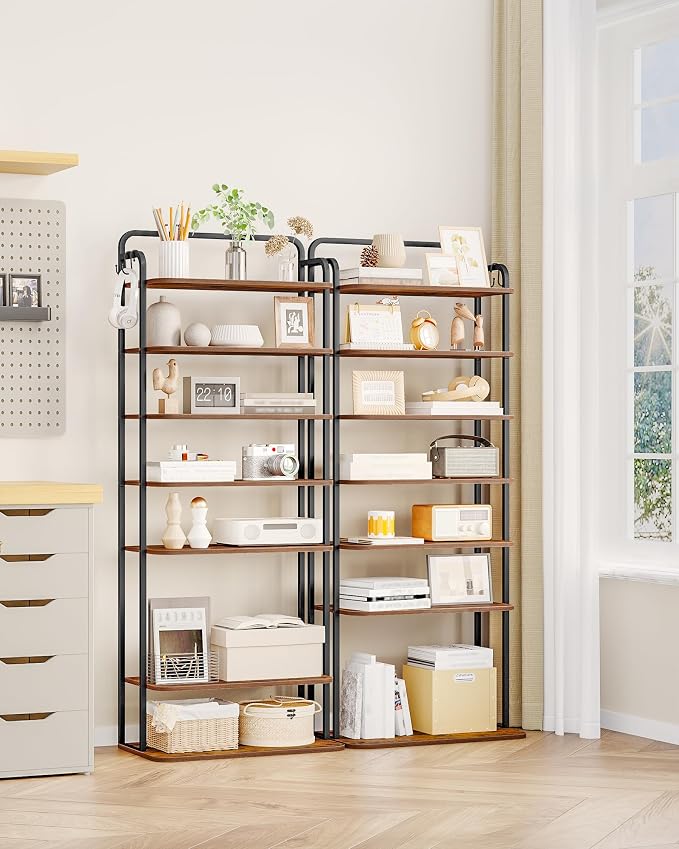 Hzuaneri 8 Tiers Widened Vertical Shoe Rack, Narrow Shoe Tower, Tall Shoes Shelf with 2 Hooks, Adjustable Shelves, Corner Shoes Shelves for Small Spaces, Entryway, Living Room, Rustic Brown SR12501B