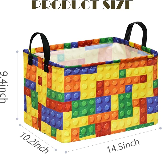 Colorful Building Blocks Print Storage Basket, Waterproof Lining Organizer Bins, Leather Handles, Collapsible for Kids Toys, Clothes, Laundry, Gift Basket