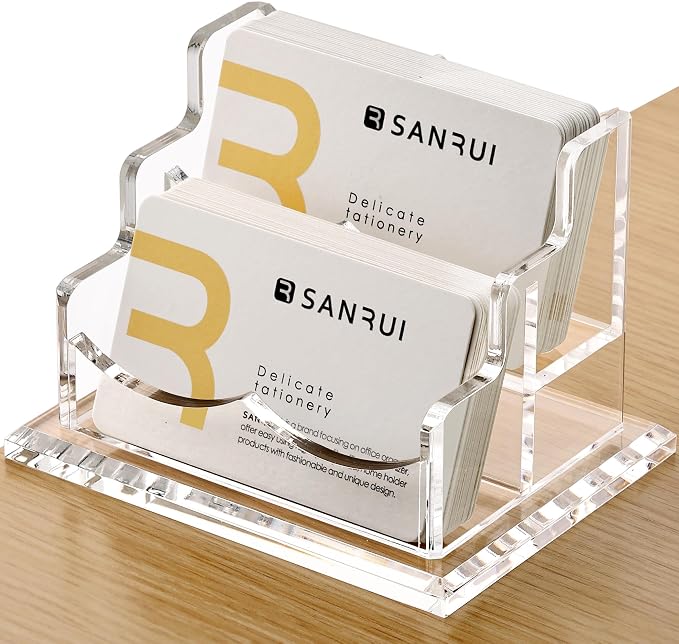 SANRUI Clear Horizontal Business Card Holder Stand for Desk, Acrylic Desktop Display Name Cards Holders Organizer Storage Rack,for Exhibition, Home, Office,2 Tier 2 Pocket, 120 Card Capacity