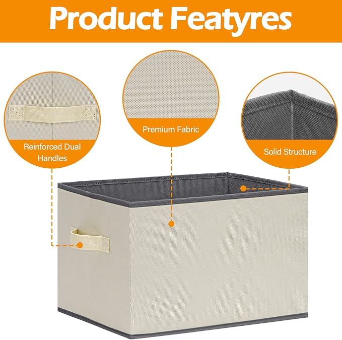 Extra Large Fabric Storage Baskets for Shelves 3 Pack, 15.75x11.8in Closet Storage Bins for Shelves, Cloth Baskets for Organizing, Linen Closet Organizers, Beige