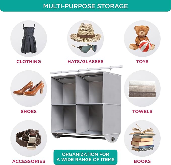 HOLDN’ STORAGE Hanging Closet Organizer with Garment Rod, 4-Shelf | Heavy Duty Hanging Shelves for Clothes, Sweaters & Shoes, 600D Fabric Storage Unit with Built-in Clothing Rod, Grey