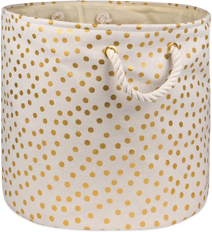 DII Polyester Storage Bin, Gold Metallic Collection Collapsible with Handles, Large Round, Natural Off-White