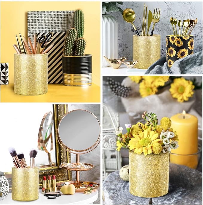 Gold Pencil Holder, Decorative Pens Holder for Desk, Makeup Brushes Organizer for Table, Large Pu Leather Multi-Functional Organizer Cup for Office, Classroom, Home, Champagne Gold