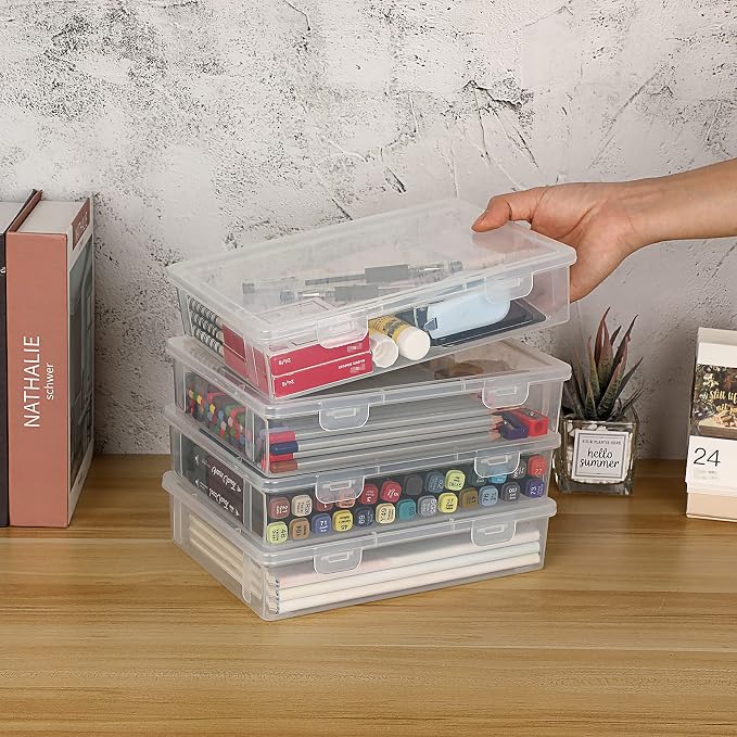 BTSKY Clear Plastic Storage Box with Flap Lid, Multipurpose Craft Organizers and Storage Box Art Supply Storage Organizer Plastic Sewing Box for Beads Pencils Notebooks, 4 Pack Small