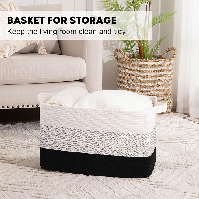 OIAHOMY Extra Large Blanket Basket, 95L Cotton Rope Woven Laundry Basket, Toy Bin for Baby Room, Container for Blanket Storage in Living Room, 24''×17''×14'', Gradient Black